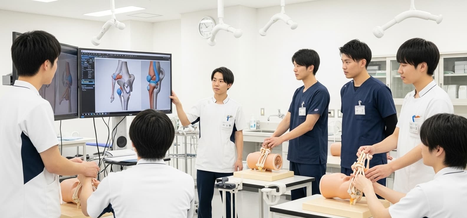理学療法士養成校の実習風景。学生が3D解剖学映像を見ながら骨格模型で学習している様子