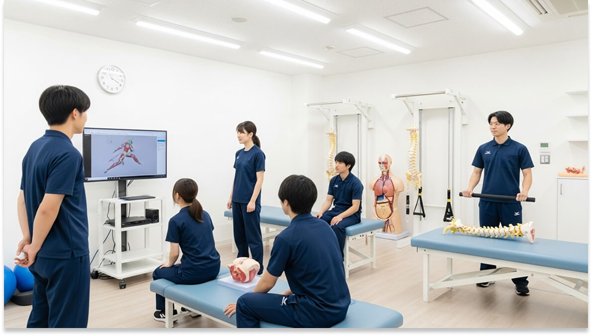 整体院スタッフの技術研修風景 - 解剖学モニターを使った勉強会