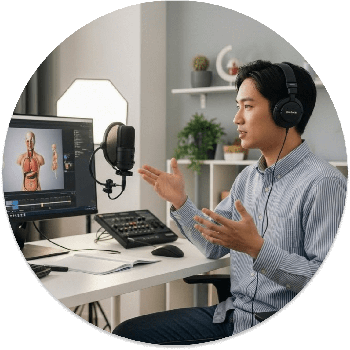 ホームスタジオでヘッドホンを装着し、マイクに向かって解説をする男性。モニターには人体の解剖学モデルが表示されている