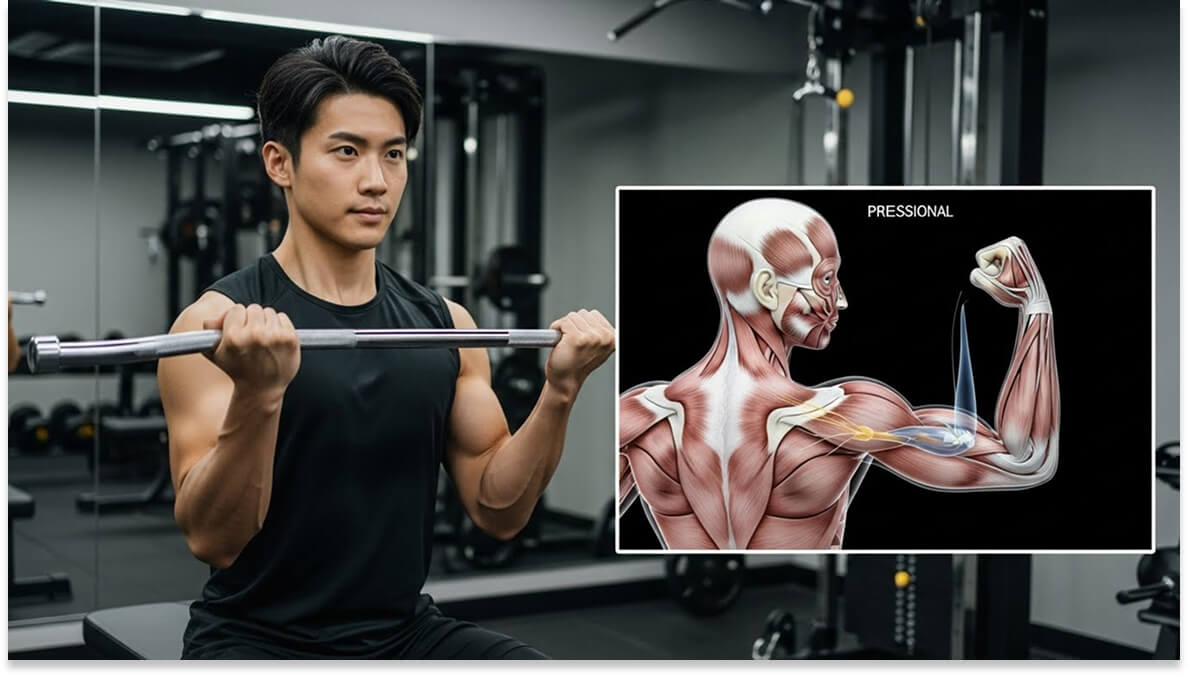 バーベルカールをする男性と上腕二頭筋の解剖学的構造を示す3Dイラスト