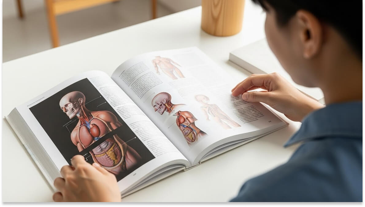 人体の内臓や骨格が描かれた3D解剖学イラストが掲載された書籍を閲覧している様子
