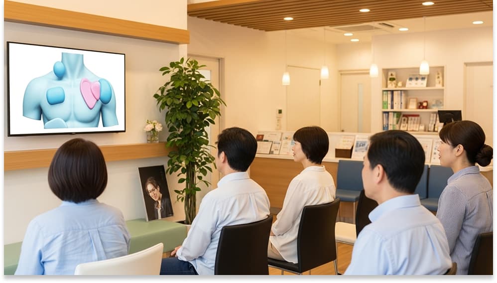 大型モニターに映し出された3D人体解剖図。骨格と内臓器官が表示され、教育用プレゼンテーション画面として使用されている