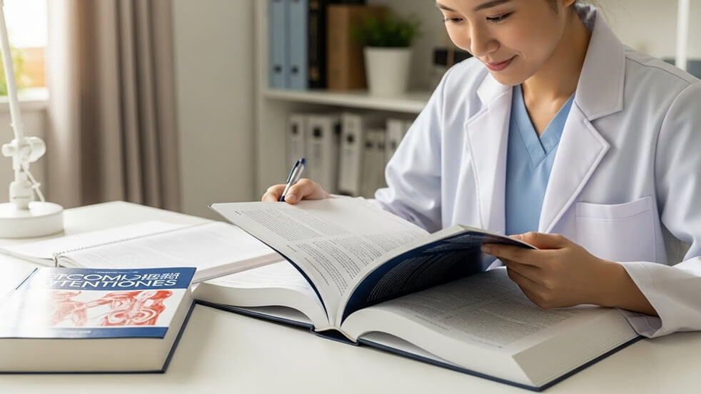 医療学生が書籍を読んでる