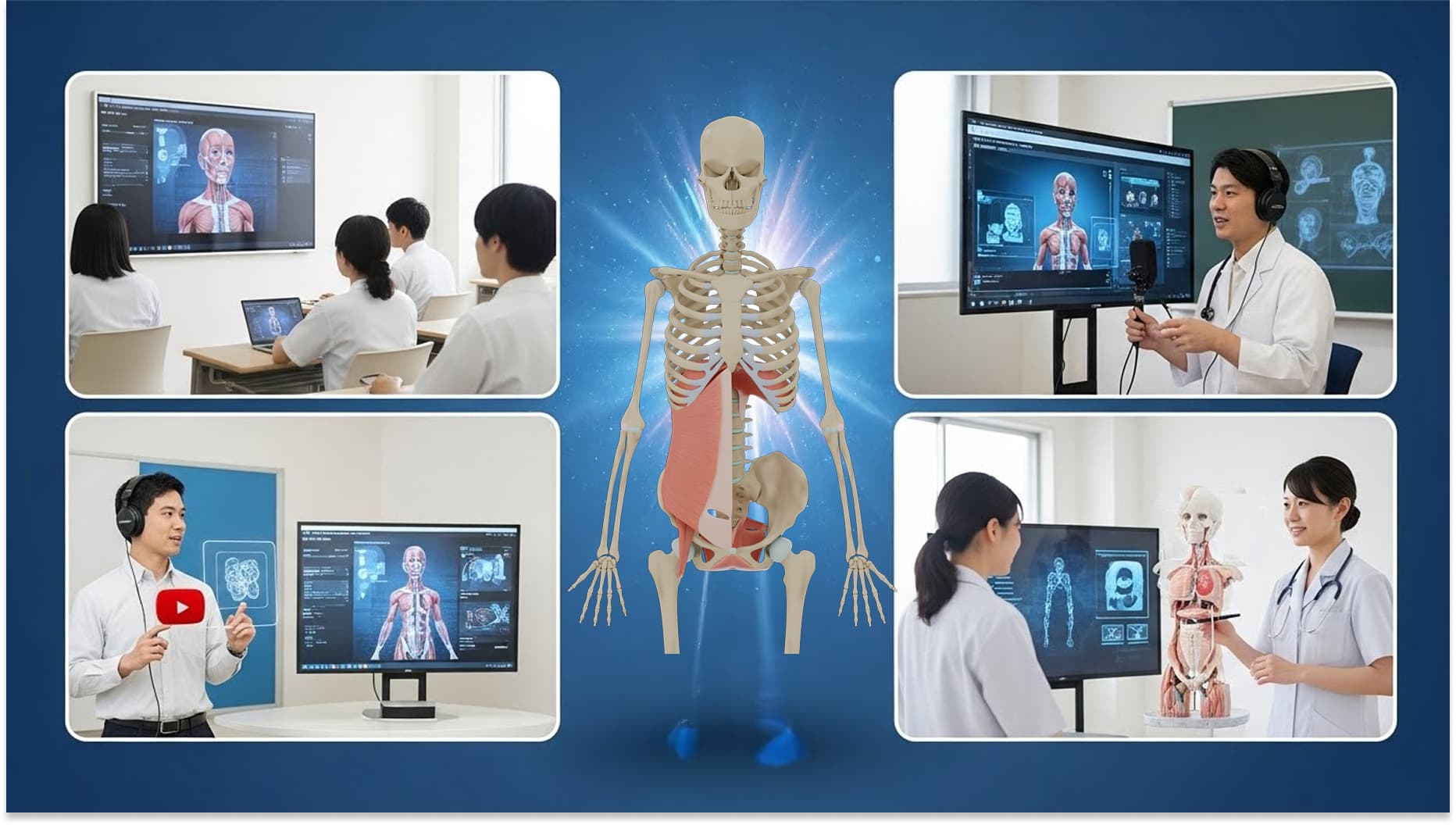 医療教育におけるデジタル活用:中央の人体筋肉解剖図を囲む4つのシーン。グループ学習、オンライン講義配信、対面指導、模型を使った実習