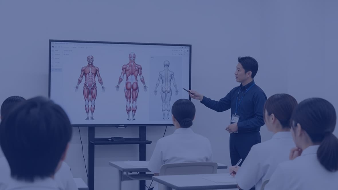 大型モニターに人体の筋肉構造図を映し、講師が指し棒で説明しながら複数の受講生に講義を行っている様子