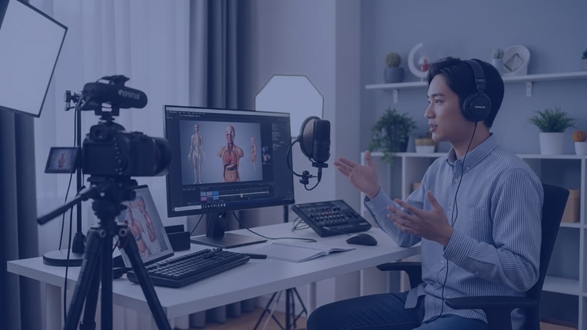 プロ仕様の撮影機材とマイクを使用し、人体解剖図を画面に映しながらオンライン講義を行う講師