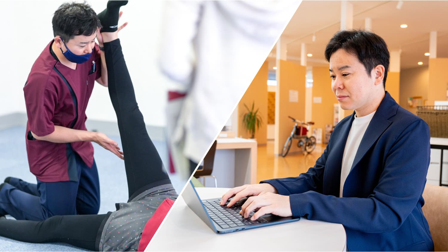 左側で医療従事者が患者の背中を診察し、右側でスタッフが複数モニターで人体解剖図を分析している二分割画像