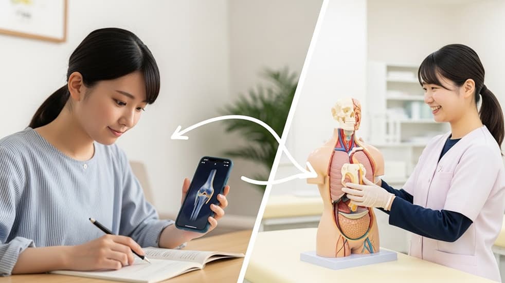 左側でスマートフォンで人体模型を見ながら学習する生徒と、右側で実物の人体模型を使って説明する講師。矢印で両者がつながっている様子