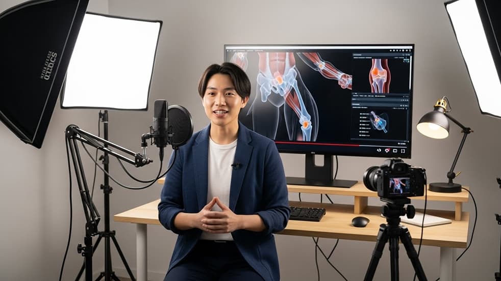 照明機材、マイク、カメラを完備したスタジオで、人体の関節画像を背景に動画撮影を行う講師